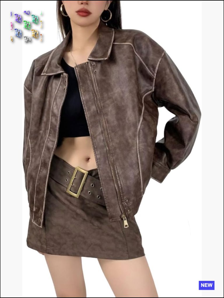 Oversized Faux Leather Bomber Jacket Distressed Motorcycle Streetwear Y2k